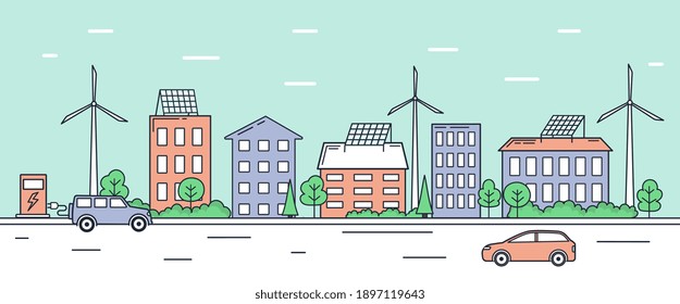 Eco Friendly Urban Landscape With Modern Technologies. Cityscape Architecture With Solar Panels On Roof, Windmills, And Electric Charging Station For Transport. Cartoon Line Art Vector Illustration.