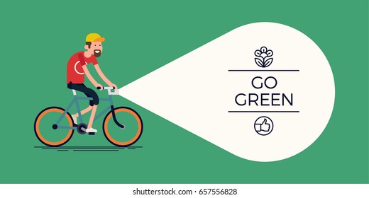 Eco friendly urban personal transport header image with flat character riding bike with head light beam as text container. 'Go green' horizontal background