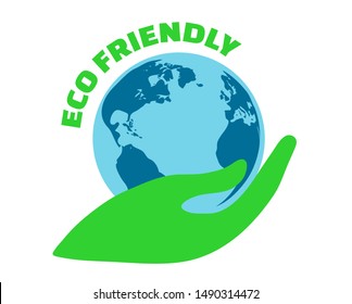 Eco Friendly vector icon. Illustration of a hand holding a planet Earth. Eco emblem, element or logo. Save the Planet, Earth day concept.