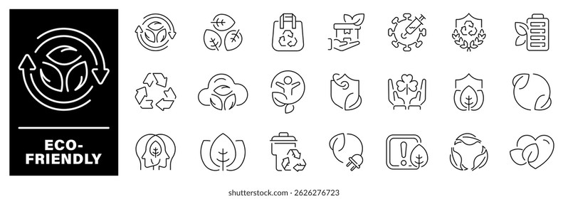 Eco friendly vector icons. Eco friendly icons set in line style. Sustainability, environment, ecological, recycling, green, organic, eco related icons