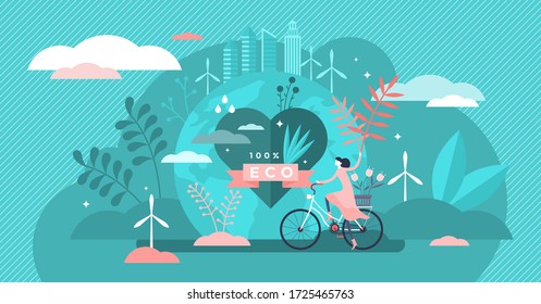 Eco friendly vector illustration. Flat tiny clean environment person concept. Sustainable bio food, power or transportation to save planet or reduce global warming. Natural health protection lifestyle