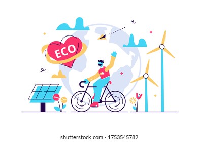 Eco friendly vector illustration. Flat tiny clean environment person concept. Sustainable bio food, power or transportation to save planet or reduce global warming. Natural health protection lifestyle