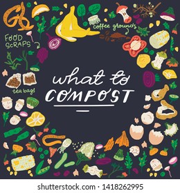 Eco friendly vector illustration with organic kitchen waste and lettering inscription What to Compost on dark background. Flat style food scraps worthy of composting. Vegetable and fruit peelings