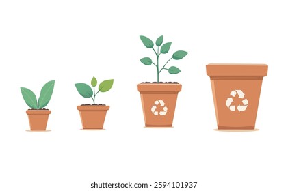Eco Friendly Vector Illustration of Potted Plants with pots of various sizes and trash bin