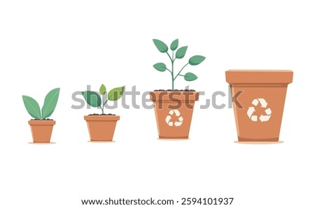 Eco Friendly Vector Illustration of Potted Plants with pots of various sizes and trash bin