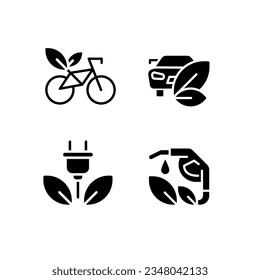 Eco friendly vehicle black glyph icons set on white space. Bio fuel for automobiles. Environment protection methods. Silhouette symbols. Solid pictogram pack. Vector isolated illustration