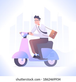 Eco friendly vehicle concept. Young man riding scooter, office worker going to work by moped, vector illustration