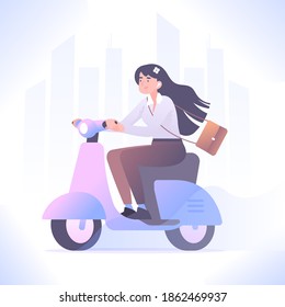 El concepto de vehículo ecológico. Mujer joven montando moto, trabajadora de oficina yendo a trabajar con ciclomotor, ilustración vectorial