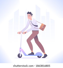 Eco friendly vehicle concept. Young man riding kick scooter, office worker going to work by scooter, vector illustration