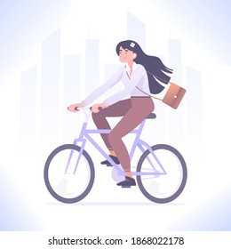 Eco friendly vehicle concept. Young woman riding bicycle to office, businesswoman going to work by city bike, vector illustration