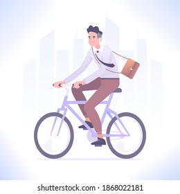 Eco friendly vehicle concept. Young man riding bicycle to office, businessman going to work by city bike, vector illustration