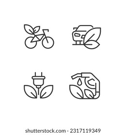 Juego de iconos lineales perfectos para píxeles de píxeles de vehículo ecológico. Uso de biocombustible. Programa de protección del medio ambiente. Símbolos de línea delgada personalizables. Ilustraciones aisladas del contorno vectorial. Trazo editable