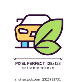 Eco friendly vehicle pixel perfect RGB color icon. Car working on biofuel. Environment care. Isolated vector illustration. Simple filled line drawing. Editable stroke. Poppins font used