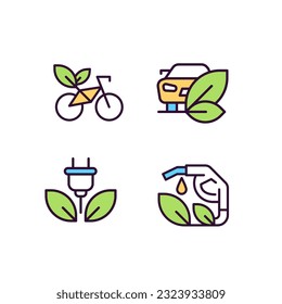 Eco friendly vehicle pixel perfect RGB color icons set. Bio fuel usage. Environment protection. Isolated vector illustrations. Simple filled line drawings collection. Editable stroke