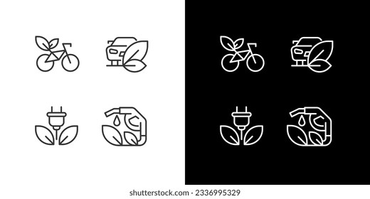 Eco-freundliches Fahrzeug Pixel perfekte lineare Icons gesetzt für dunklen, hellen Modus. Nutzung von Biokraftstoffen. Umweltschutz. Dünne Liniensymbole für Nacht, Tagesthema. Einzige Illustrationen. Bearbeitbarer Hub