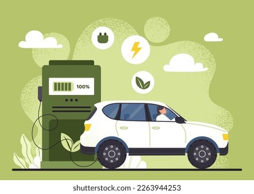 Eco friendly vehicle. Woman sits in car near electric gas station. Reduce fuel consumption and emissions of hazardous waste into atmosphere. Sustainable lifestyle. Cartoon flat vector illustration