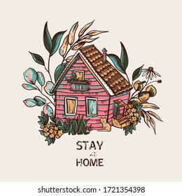 Eco friendly vintage vector greeting card. Stay home bohemian illustration on white background.