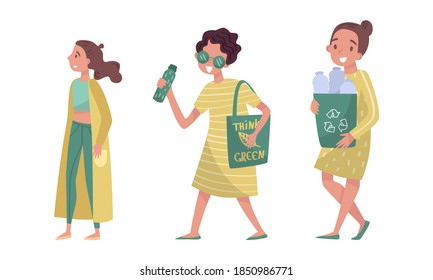 Eco Friendly Woman Carrying Reusable Shopping Bag and Gathered Plastic Bottles for Recycling Vector Illustration Set