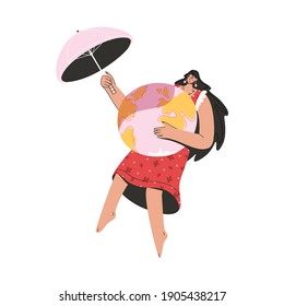 Eco friendly woman covering planet with umbrella. Save planet from burning sun. Global warming, climate change and eco-activism concept. Vector character illustration isolated on white background