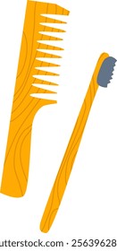 Eco friendly wooden hair comb and toothbrush with grey bristles resting on a white background, highlighting sustainable hygiene practices and promoting a zero waste lifestyle