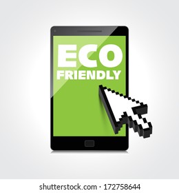 Eco friendly word on High-quality smartphone screen. Think Green. Ecology Concept. Environmentally friendly planet.