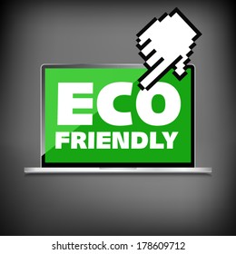 Eco friendly word on High-quality laptop screen. Think Green. Ecology Concept. Environmentally friendly planet.