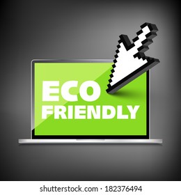 Eco friendly word on High-quality laptop screen. Think Green. Ecology Concept. Environmentally friendly planet.