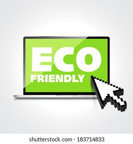 Eco friendly word on High-quality laptop screen. Think Green. Ecology Concept. Environmentally friendly planet.