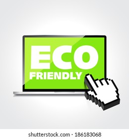 Eco friendly word on High-quality laptop screen. Think Green. Ecology Concept. Environmentally friendly planet.