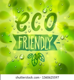 Eco friendly words drawn on a window, fresh green leaves and water rain drops or condensate macro, vector 3d realistic transparent illustration, ecology nature beautiful art.