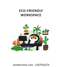 Eco friendly workspace. Illustration of office worker, sitting on his workplace and surrounding bu plants. Doodle style. Mande in vector. Plantscaping service concept.