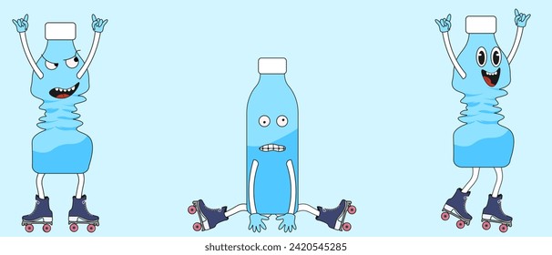 Eco Friendly World Konzept. Cartoon-Charakter einer Plastikflasche auf Rollen im Trendy Groovy Y2K-Stil. Garbage Sorting Konzept. Speichern Sie den Planeten. Vektorgrafik.	