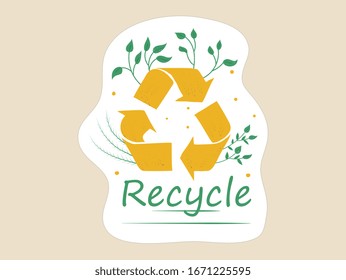Símbolo ecológico de reciclado triangular amarillo rodeado de ramitas verdes, y signo verde de reciclaje subrayado para el diseño ecológico y estilo de vida de lavado cero