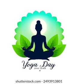 eco friendly yoga day 21st june event poster with green leaves vector