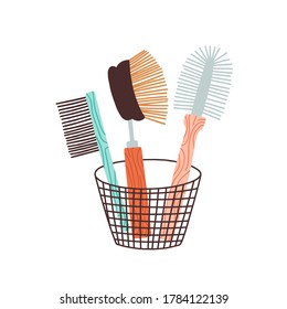 Eco friendly zero waste bristle brush. Washing scrub dish cleaner. Natural kitchen tool, equipment. Wooden, bamboo handle in basket. Flat vector cartoon illustration isolated on white background