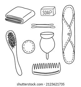 Eco friendly zero waste doodle set. Beauty and hygiene hand drawn things set.