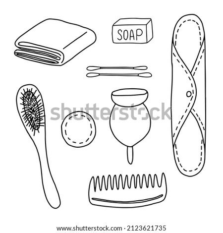 Eco friendly zero waste doodle set. Beauty and hygiene hand drawn things set.