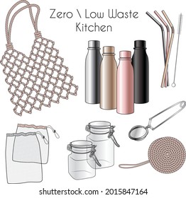 Eco friendly zero waste kitchen kit tools illustrations. Glass storage jar, Steel reusable straw, knitting shopping bag, mesh package, tea stainer, steel bottle