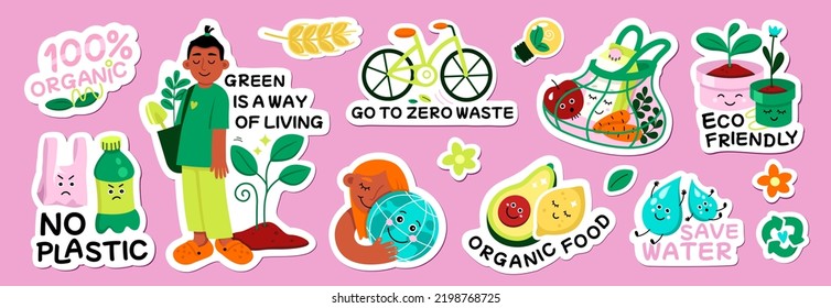 Los stickers de estilo de vida ecológico, sin desperdicios, son ilustraciones vectoriales. Insignias de protección ambiental de dibujos animados con ecología del planeta salvado, reutilizar el plástico y reciclar eslóganes aislados en fondo rosa