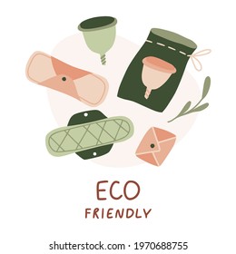 Eco friendly. Zero waste periods collection. Menstruation hygiene. Set of female products: reusable pads, menstrual cup. Hand drawn flat vector illustration. Go green, no plastic card with lettering