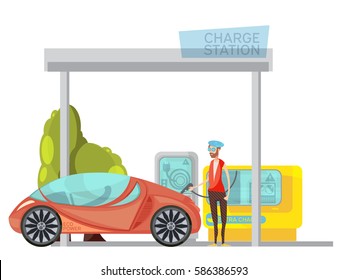 Eco frienly electro car and its owner at charge station on white background flat vector illustration