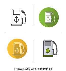 Eco fuel concept icon. Flat design, linear and color styles. Petrol station. Isolated vector illustrations