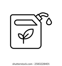
eco Fuel line icon, Black and white line drawing of a fuel container with a leaf symbolizing biofuel. Ideal for ecoconscious concepts and presentations.
