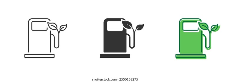 Eco Fuel Pump Line und Silhouette Icon Set. Bio Bio Grüne Energie in Tankstelle Symbol. Kraftwerk mit Ökologie-Diesel-Piktogramm. Bearbeitbarer Strich. Isolierte Vektorgrafik.