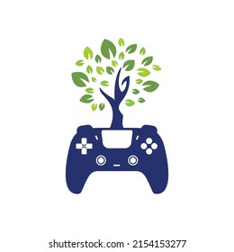 Diseño del logotipo vectorial del juego ecológico. Diseño del logotipo de la naturaleza de la hoja fresca del gamepad verde.