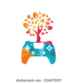 Eco game vector logo design. Green gamepad fresh leaf nature logo design.