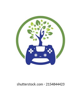 Eco game vector logo design. Green gamepad fresh leaf nature logo design.