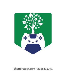 Eco game vector logo design. Green gamepad fresh leaf nature logo design.