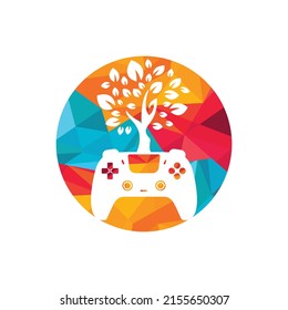 Diseño del logotipo vectorial del juego ecológico. Diseño del logotipo de la naturaleza de la hoja fresca del gamepad verde.