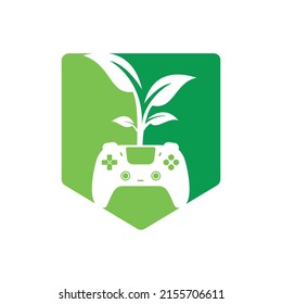 Eco game vector logo design. Green gamepad fresh leaf nature logo design.